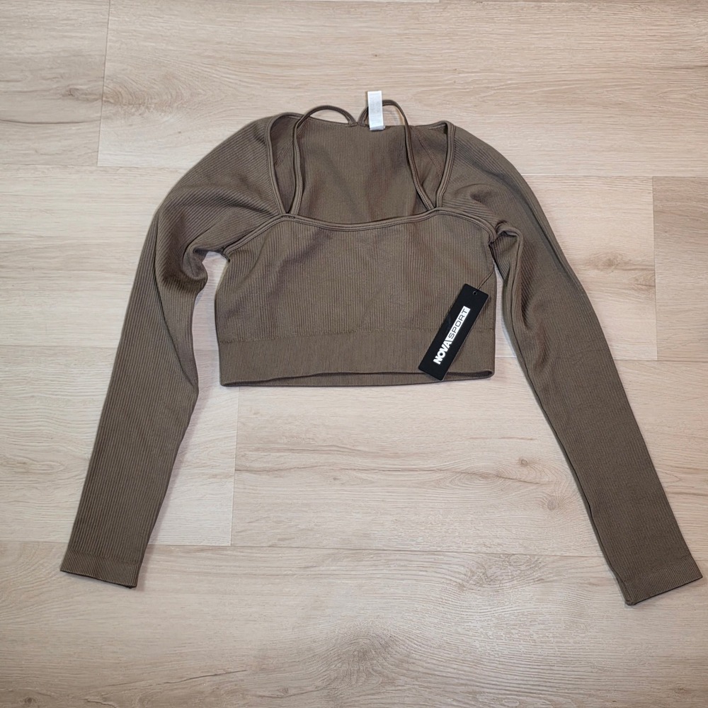 Fashion Nova New Body Active Top In Taupe Ribbed Long Sleeve Cropped Size Large